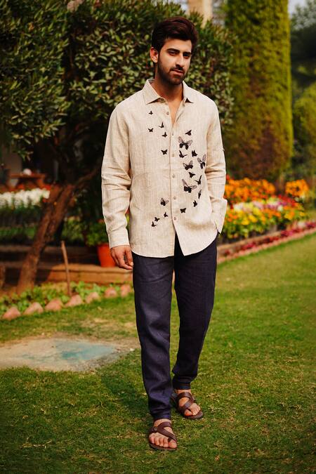 Linen Bloom_Beige Linen Embroidery Geometric Print Butterfly Shirt _Online_at_Aza_Fashions