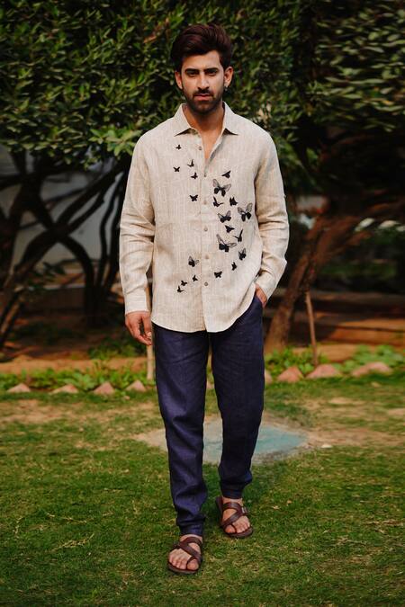 Buy_Linen Bloom_Beige Linen Embroidery Geometric Print Butterfly Shirt _Online_at_Aza_Fashions