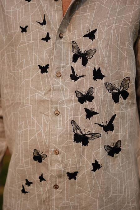 Shop_Linen Bloom_Beige Linen Embroidery Geometric Print Butterfly Shirt _Online_at_Aza_Fashions