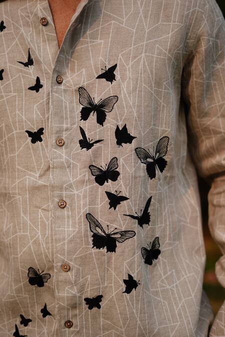 Linen Bloom_Beige Linen Embroidery Geometric Print Butterfly Shirt _at_Aza_Fashions