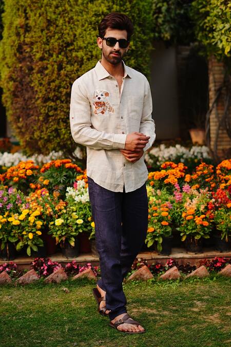 Linen Bloom Dog & Cat Embroidered Shirt 
