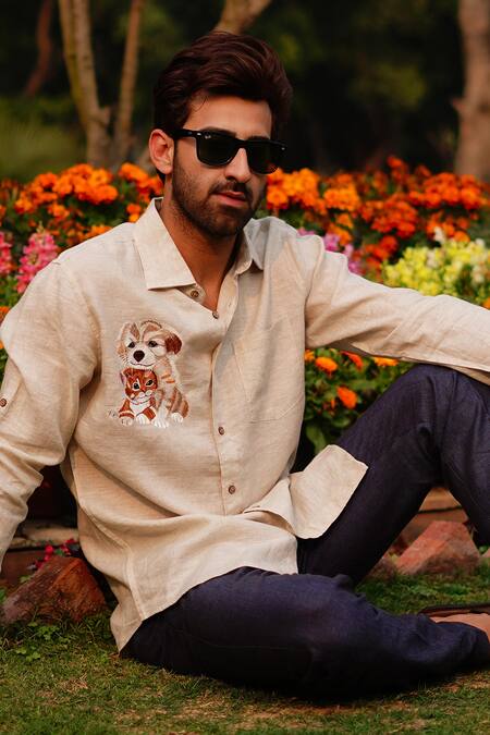 Linen Bloom_Beige Linen Embroidery Dog And Cat Shirt _Online_at_Aza_Fashions