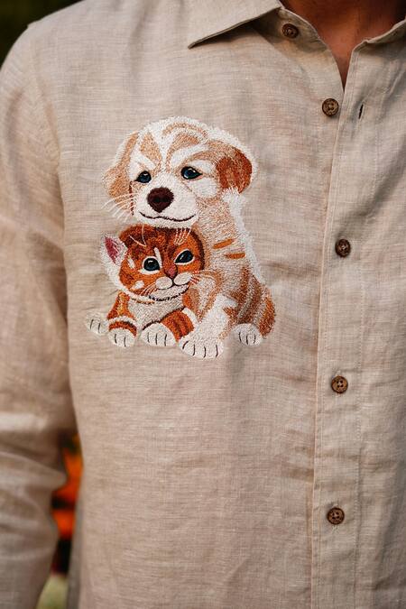 Buy_Linen Bloom_Beige Linen Embroidery Dog And Cat Shirt _Online_at_Aza_Fashions