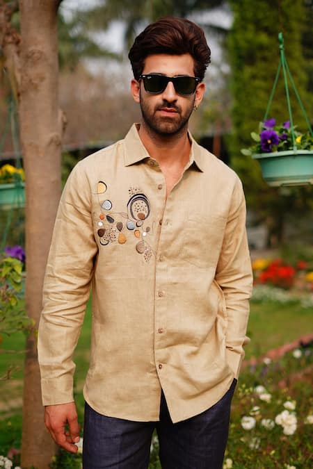 Shop_Linen Bloom_Green 100% Linen Embroidery Vine Shirt _at_Aza_Fashions