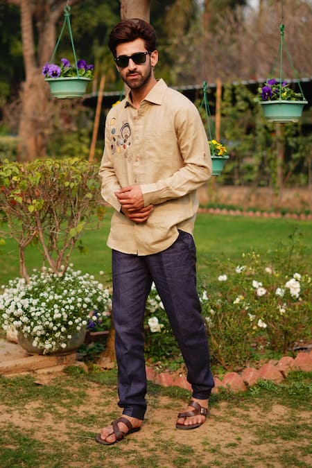 Buy_Linen Bloom_Green 100% Linen Embroidery Vine Shirt _Online_at_Aza_Fashions