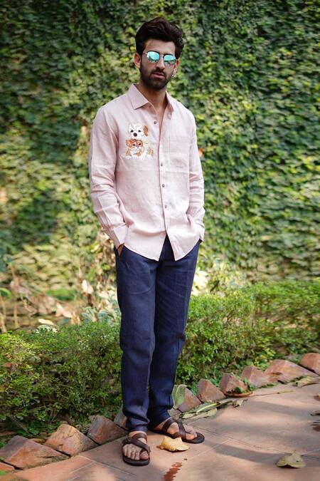 Buy_Linen Bloom_Pink Linen Embroidery Dog And Cat Cuddle Shirt _Online_at_Aza_Fashions