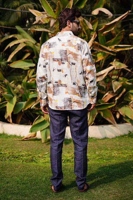Shop_Linen Bloom_Beige 100% Linen Print Mesh Shirt _at_Aza_Fashions