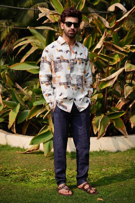 Linen Bloom_Beige 100% Linen Print Mesh Shirt _Online_at_Aza_Fashions