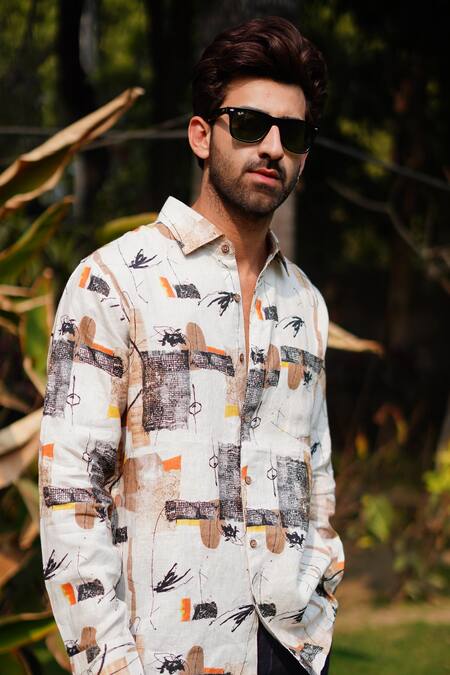 Buy_Linen Bloom_Beige 100% Linen Print Mesh Shirt _Online_at_Aza_Fashions