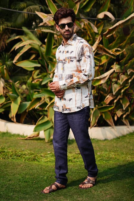 Shop_Linen Bloom_Beige 100% Linen Print Mesh Shirt _Online_at_Aza_Fashions
