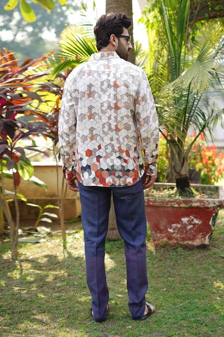 Shop_Linen Bloom_Beige 100% Linen Print Honeycomb Shirt _at_Aza_Fashions