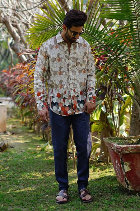 Linen Bloom_Beige 100% Linen Print Honeycomb Shirt _Online_at_Aza_Fashions