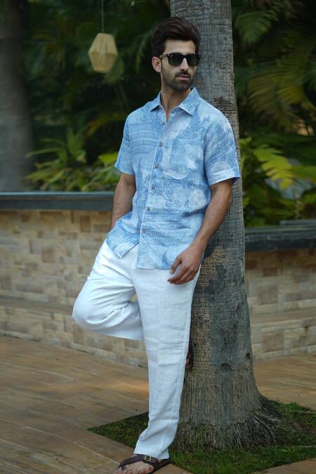 Linen Bloom_Blue Linen Bali Print Shirt _Online_at_Aza_Fashions