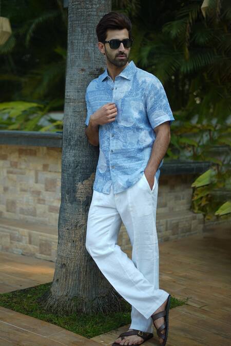 Buy_Linen Bloom_Blue Linen Bali Print Shirt _Online_at_Aza_Fashions