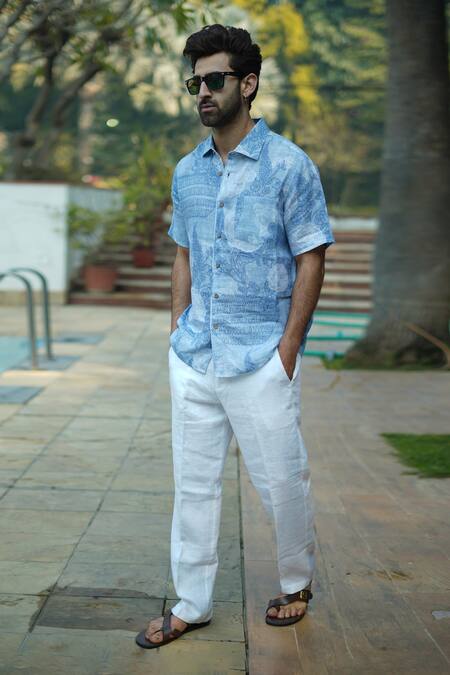 Shop_Linen Bloom_Blue Linen Bali Print Shirt _Online_at_Aza_Fashions