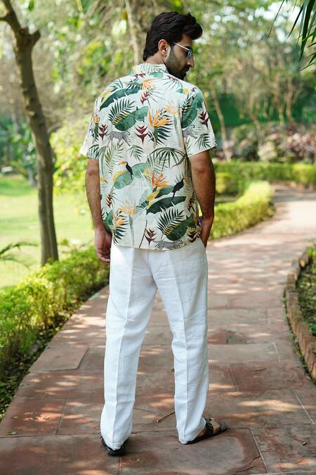 Shop_Linen Bloom_Green 100% Linen Print Safari Shirt _at_Aza_Fashions