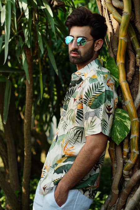 Linen Bloom_Green 100% Linen Print Safari Shirt _Online_at_Aza_Fashions