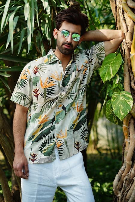 Buy_Linen Bloom_Green 100% Linen Print Safari Shirt _Online_at_Aza_Fashions