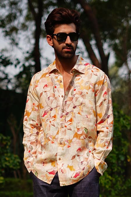 Linen Bloom_Beige 100% Linen Print Wall Flower Shirt _Online_at_Aza_Fashions