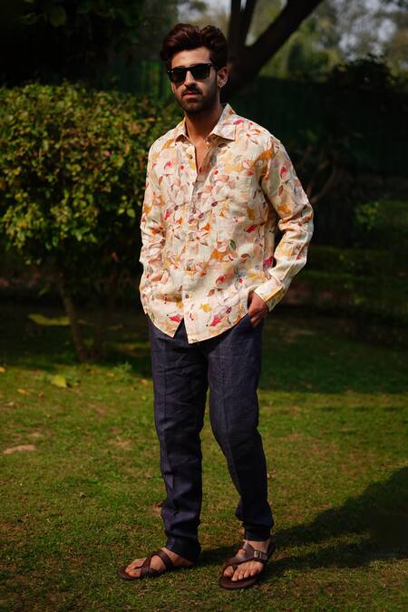 Buy_Linen Bloom_Beige 100% Linen Print Wall Flower Shirt _Online_at_Aza_Fashions