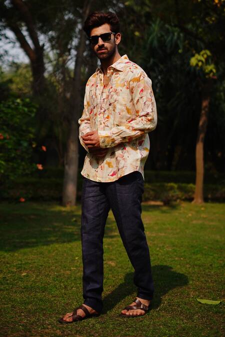 Shop_Linen Bloom_Beige 100% Linen Print Wall Flower Shirt _Online_at_Aza_Fashions