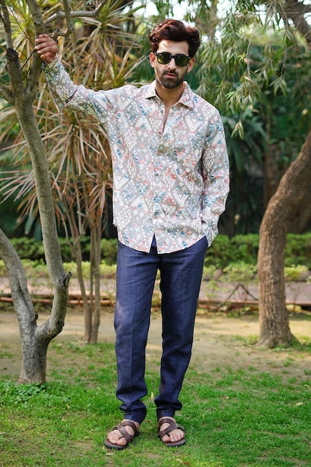 Linen Bloom Grey 100% Linen Print Jaisalmer Vibe Shirt