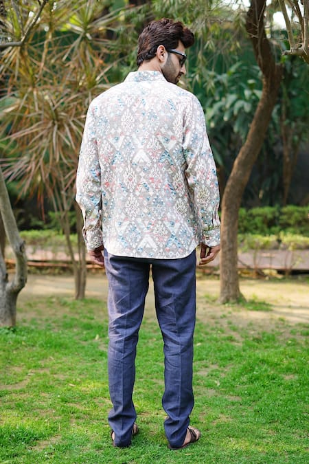 Shop_Linen Bloom_Grey 100% Linen Print Jaisalmer Vibe Shirt _at_Aza_Fashions