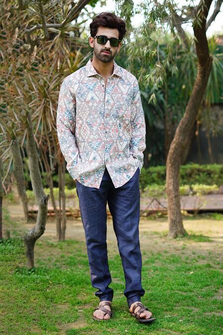 Linen Bloom_Grey 100% Linen Print Jaisalmer Vibe Shirt _Online_at_Aza_Fashions