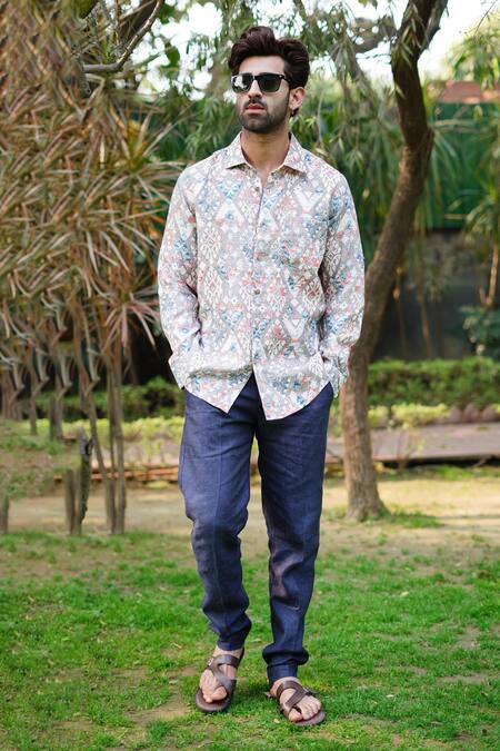 Buy_Linen Bloom_Grey 100% Linen Print Jaisalmer Vibe Shirt _Online_at_Aza_Fashions