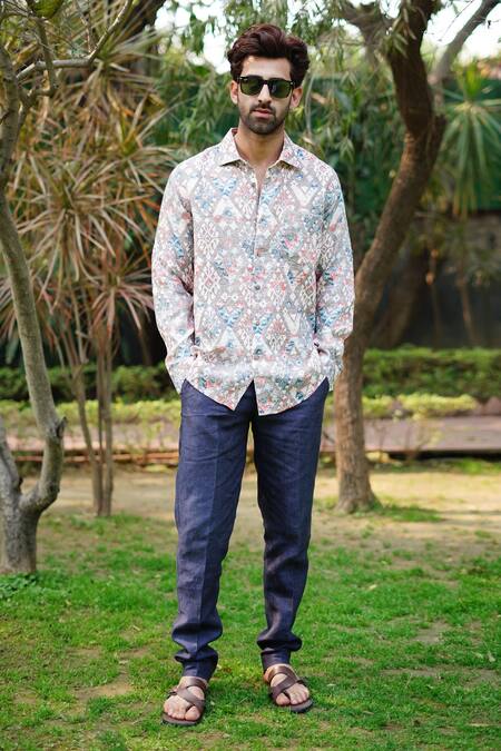 Shop_Linen Bloom_Grey 100% Linen Print Jaisalmer Vibe Shirt _Online_at_Aza_Fashions
