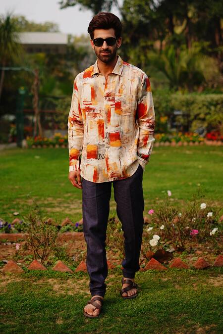 Shop_Linen Bloom_Orange 100% Linen Print Collage Shirt _at_Aza_Fashions