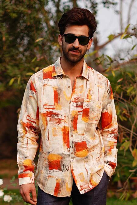 Linen Bloom_Orange 100% Linen Print Collage Shirt _Online_at_Aza_Fashions