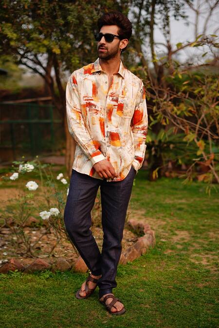 Buy_Linen Bloom_Orange 100% Linen Print Collage Shirt _Online_at_Aza_Fashions