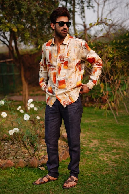 Shop_Linen Bloom_Orange 100% Linen Print Collage Shirt _Online_at_Aza_Fashions