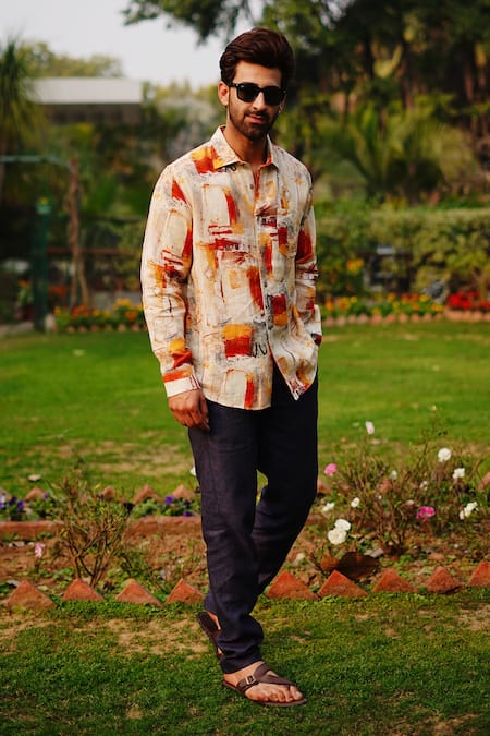 Linen Bloom_Orange 100% Linen Print Collage Shirt _at_Aza_Fashions