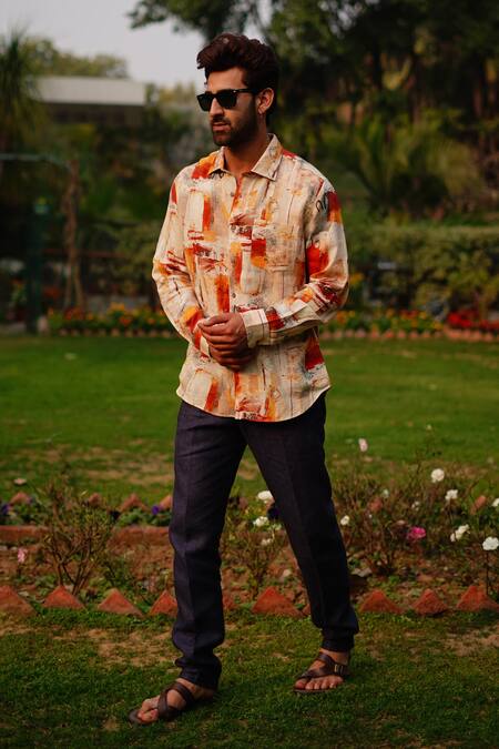 Buy_Linen Bloom_Orange 100% Linen Print Collage Shirt 