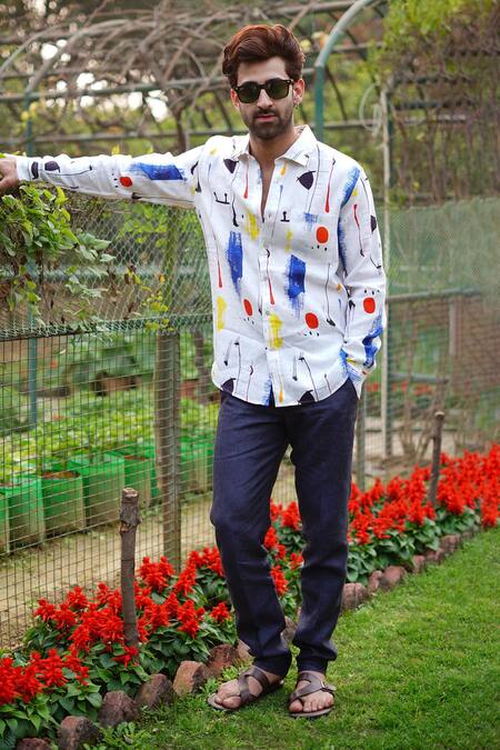 Linen Bloom_Multi Color Linen Brush Art Print Shirt _Online_at_Aza_Fashions