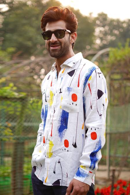 Buy_Linen Bloom_Multi Color Linen Brush Art Print Shirt _Online_at_Aza_Fashions