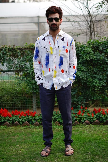 Shop_Linen Bloom_Multi Color Linen Brush Art Print Shirt _Online_at_Aza_Fashions