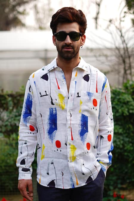 Linen Bloom_Multi Color Linen Brush Art Print Shirt _at_Aza_Fashions