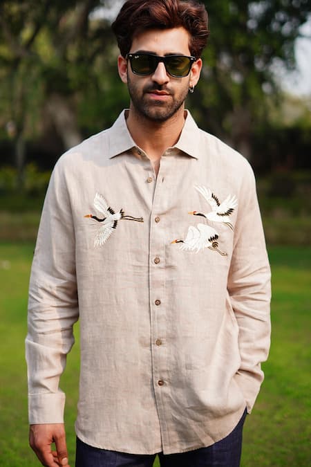 Shop_Linen Bloom_Beige 100% Linen Print Crane Embroidered Shirt _at_Aza_Fashions