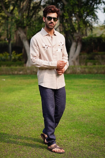 Linen Bloom_Beige 100% Linen Print Crane Embroidered Shirt _Online_at_Aza_Fashions