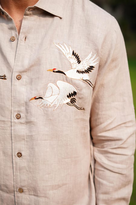 Buy_Linen Bloom_Beige 100% Linen Print Crane Embroidered Shirt _Online_at_Aza_Fashions