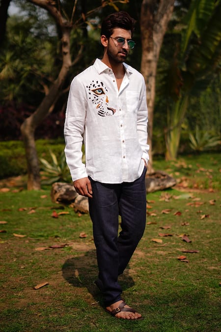 Shop_Linen Bloom_White Linen Embroidery Leopard Gaze Shirt _at_Aza_Fashions