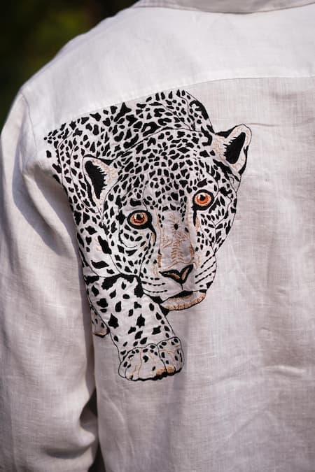 Linen Bloom_White Linen Embroidery Leopard Gaze Shirt _Online_at_Aza_Fashions