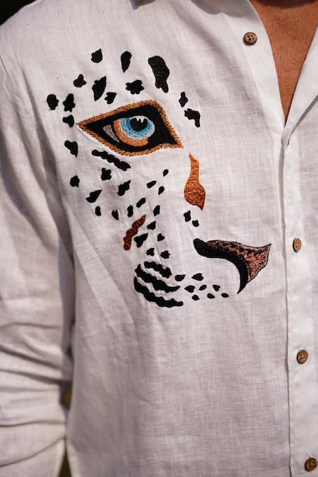 Buy_Linen Bloom_White Linen Embroidery Leopard Gaze Shirt _Online_at_Aza_Fashions