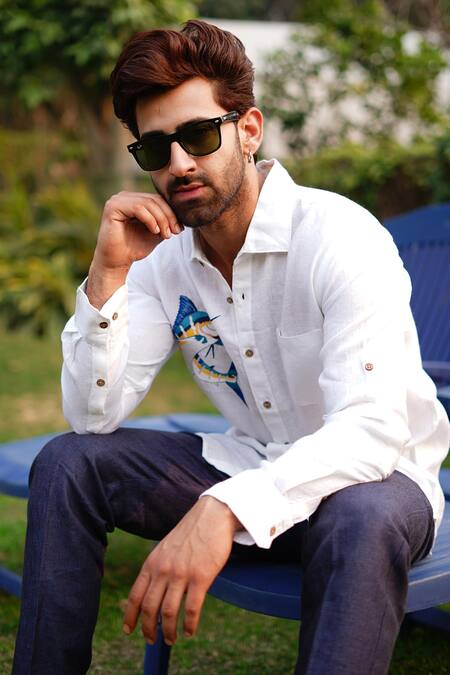 Buy_Linen Bloom_White Linen Embroidery Marlin Fish Shirt _Online_at_Aza_Fashions