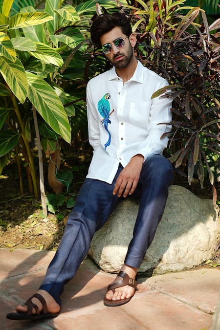 Shop_Linen Bloom_White 100% Linen Embroidery Macaw Shirt _at_Aza_Fashions