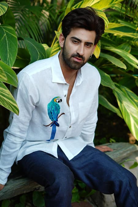Linen Bloom_White 100% Linen Embroidery Macaw Shirt _Online_at_Aza_Fashions