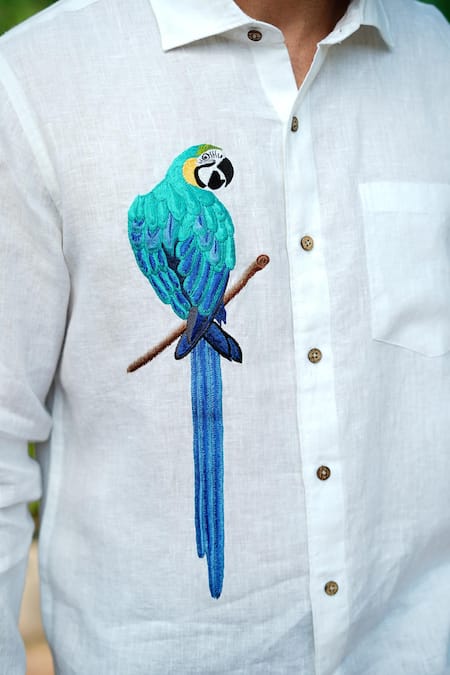 Buy_Linen Bloom_White 100% Linen Embroidery Macaw Shirt _Online_at_Aza_Fashions